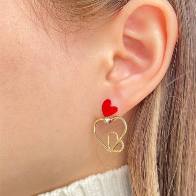 Sweet red enamel heart geometric copper earrings
