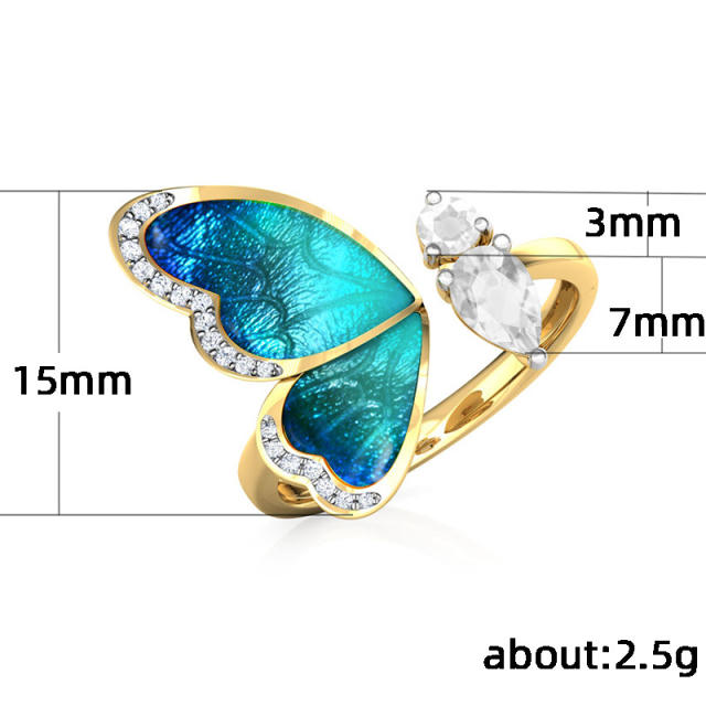 Creative blue enamel butterfly adjustable rings