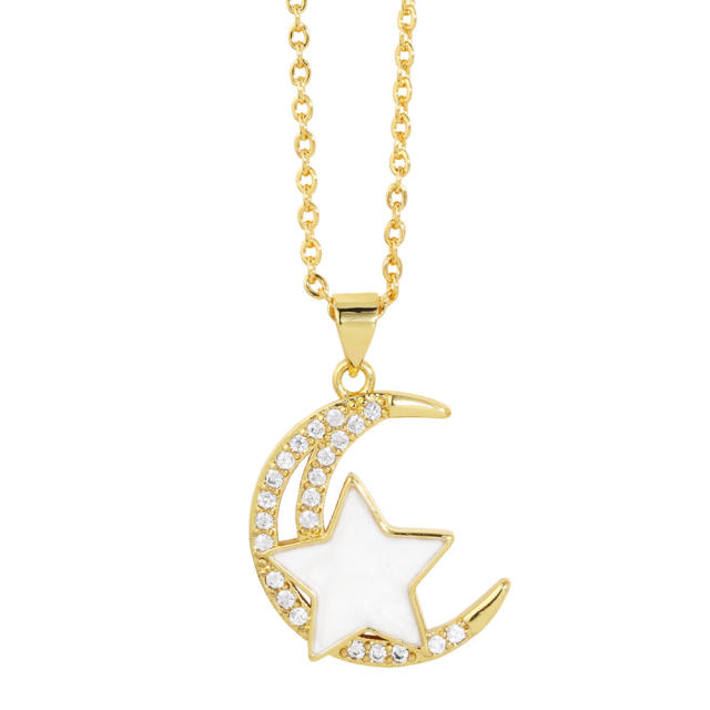 Sweet cubic zircon moon colorful star pendant copper necklace