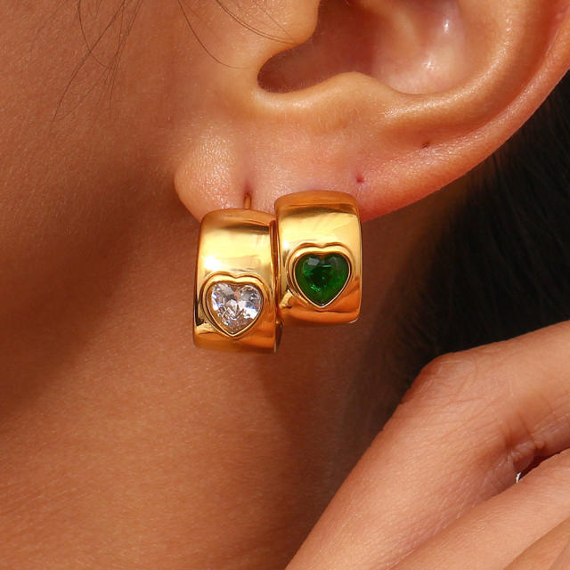 Chunky heart cubic zircon stainless steel open hoop earrings