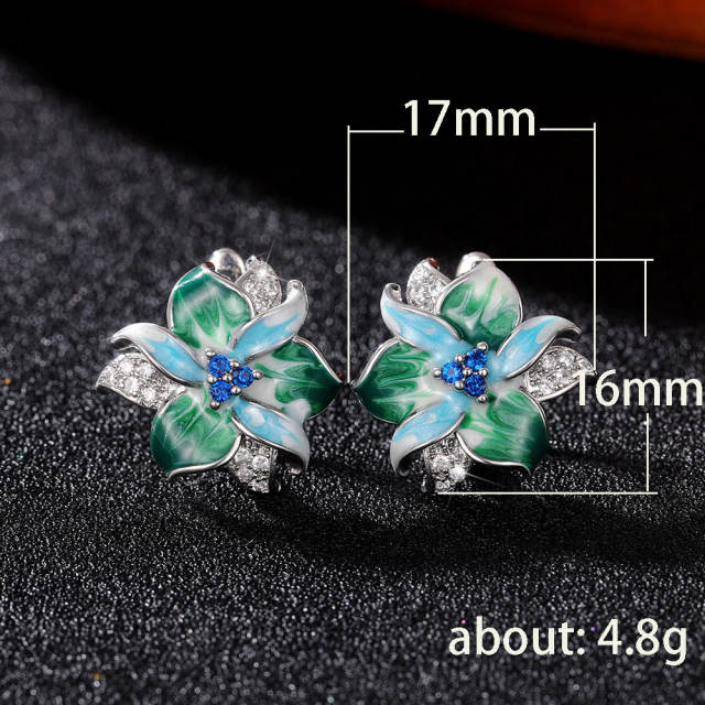 Green color enamel flower copper studs earrings