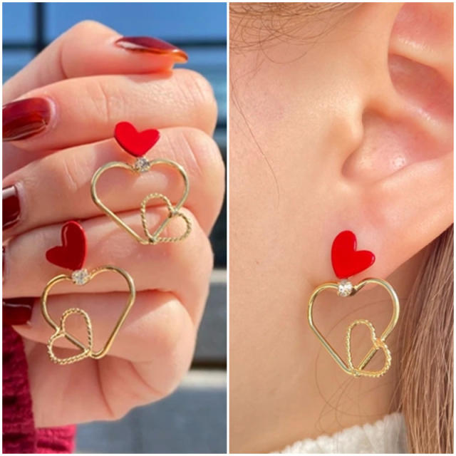 Sweet red enamel heart geometric copper earrings