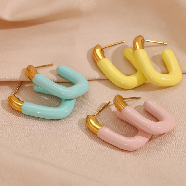 Candy color enamel U shape stainless steel earrings