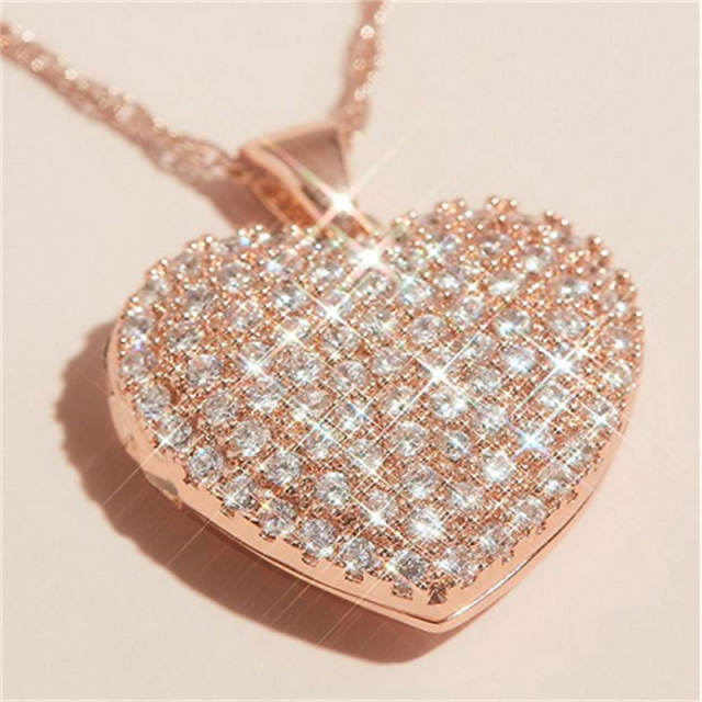 Sweet pave setting cubic zircon heart pendant copper necklace