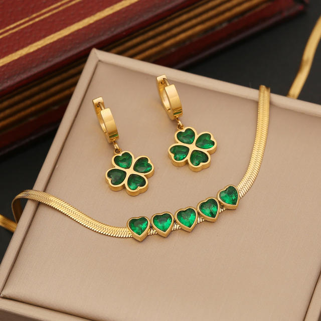 Classic emerald clover stainless steel necklace earrings