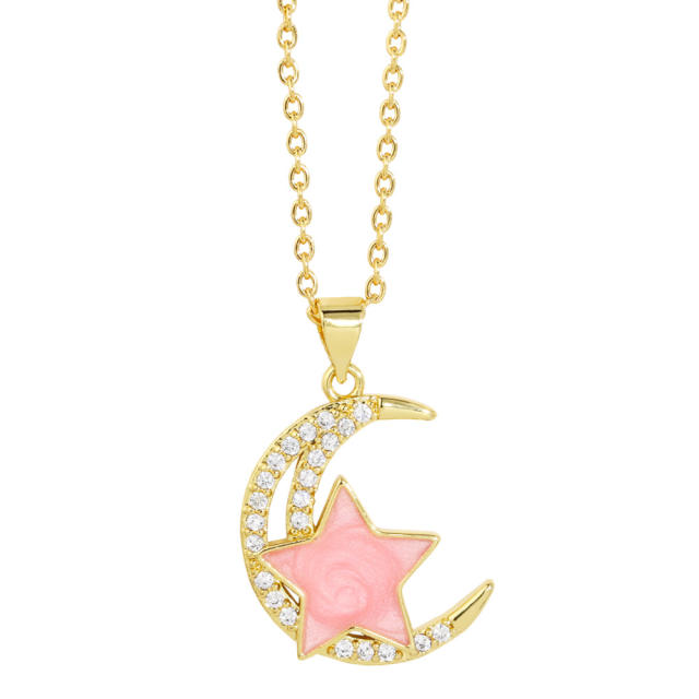Sweet cubic zircon moon colorful star pendant copper necklace
