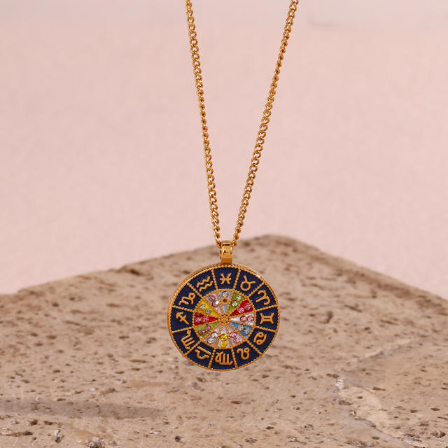 Vintage round piece pendant zodiac stainless steel necklace