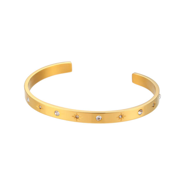 INS engrave star cubic zircon setting stainless steel bangle