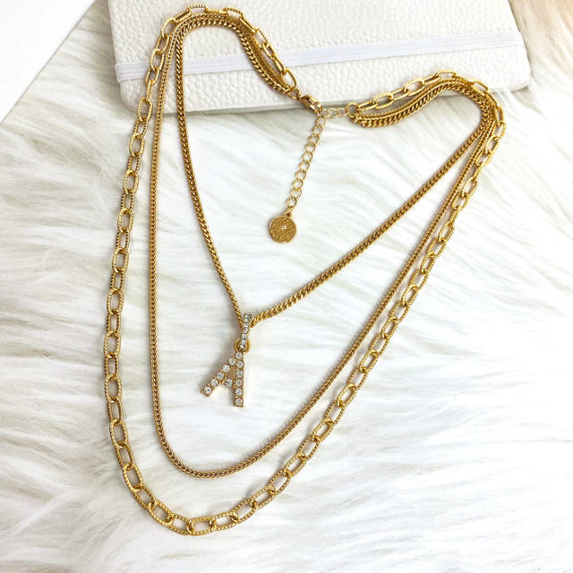 3 layer initial A letter chain necklace