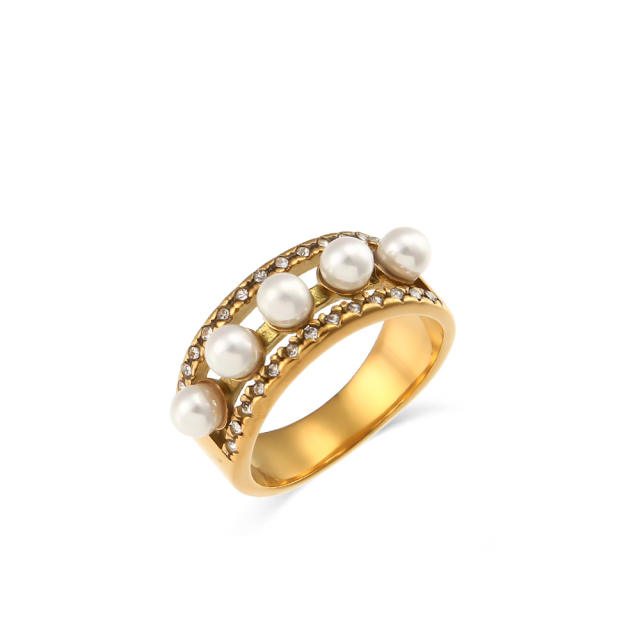 Luxury pearl rhinestone 18KG stainless steel rings
