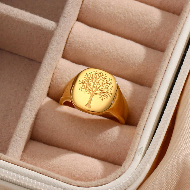 Life tree engraved stainless steel signet rings