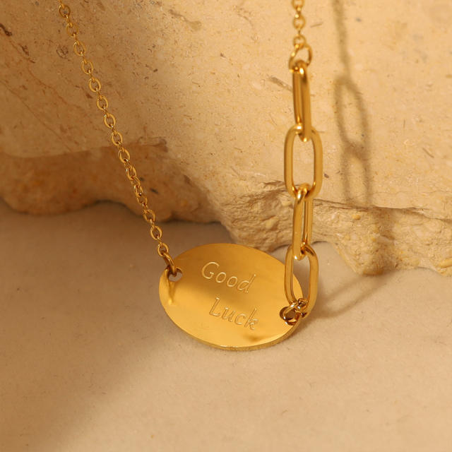 Lucky letter oval card stainless steel necklace