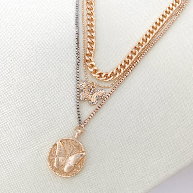 Delicate three layer butterfly charm chain necklace