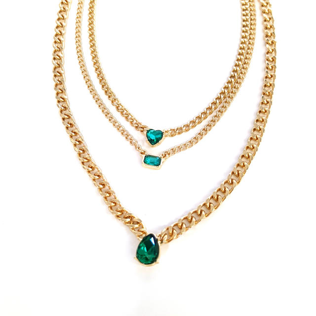 Vintage emerald statement three layer chain necklace
