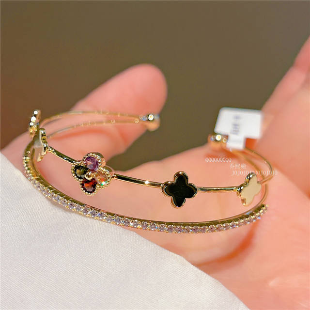 Classic color cubic zircon clover real gold plated copper bangle