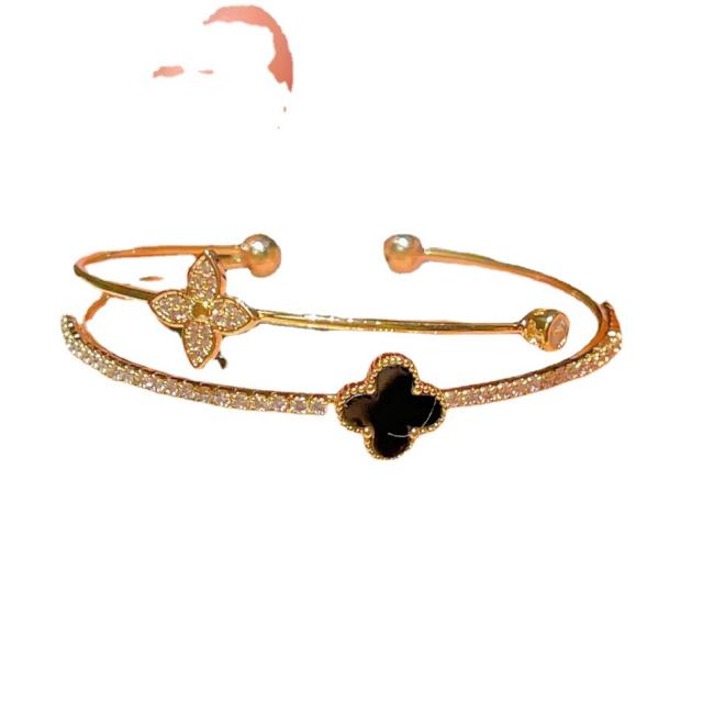 Korean fashion classic black diamond clover gold plated copper bangle