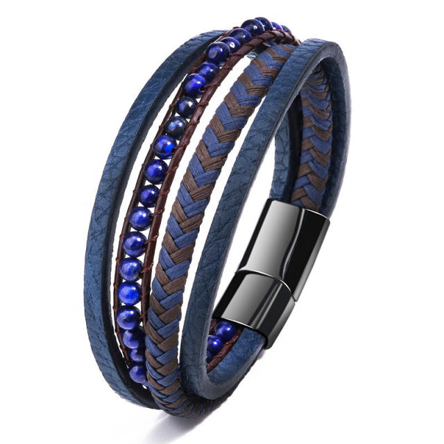 Colorful natural bead pu leather men bracelet