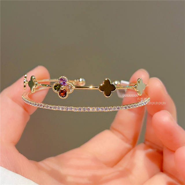 Classic color cubic zircon clover real gold plated copper bangle