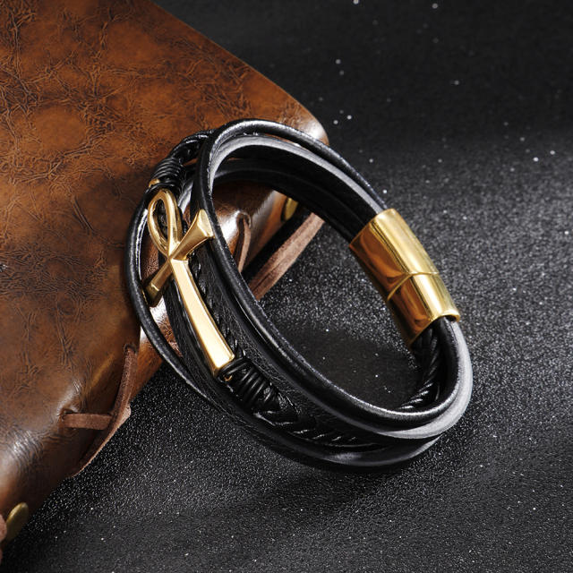Easy match pu leather cross stainless steel bracelet