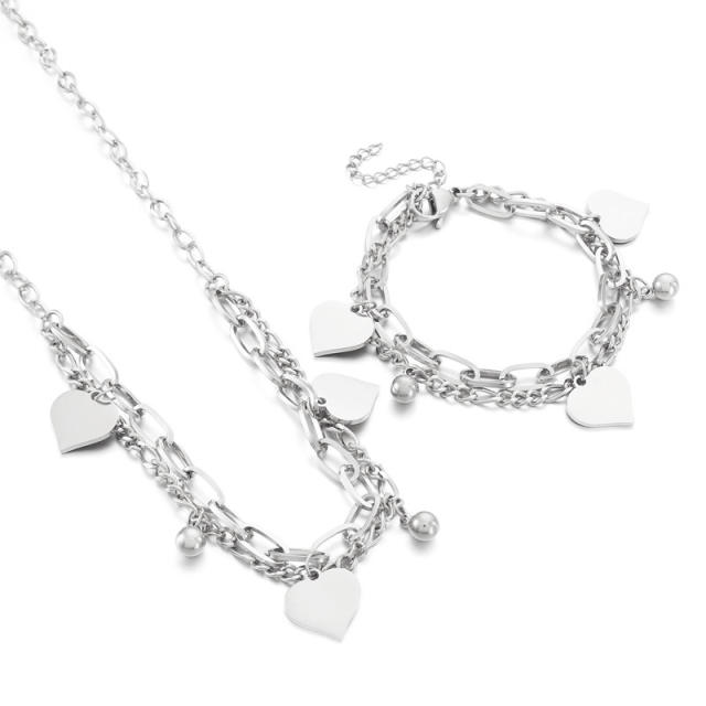 INS trend heart charm stainless steel necklace bracelet