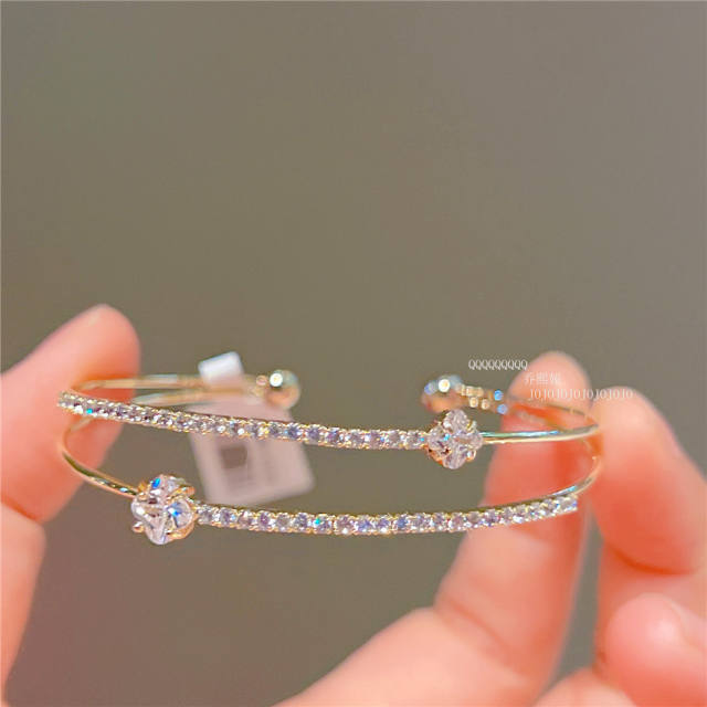 Delicate cubic zircon clover real gold plated copper bangle