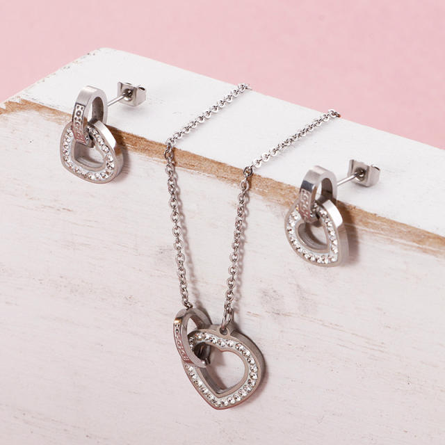 Korean fashion diamond heart stainless steel necklace set