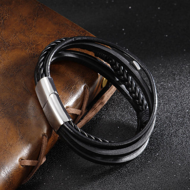 Easy match pu leather cross stainless steel bracelet