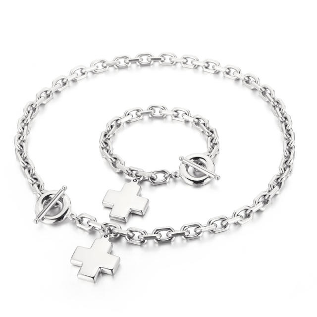 Hiphop chunky cross charm stainless steel necklace bracelet