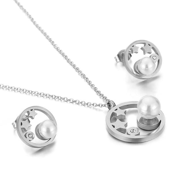 Elegant hollow star pearl setting stainless steel necklace set