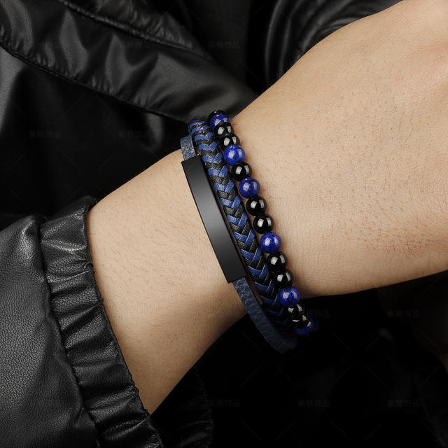 Natural beads pu leather men bracelet