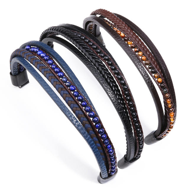Colorful natural bead pu leather men bracelet