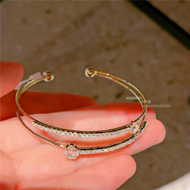 Delicate cubic zircon clover real gold plated copper bangle