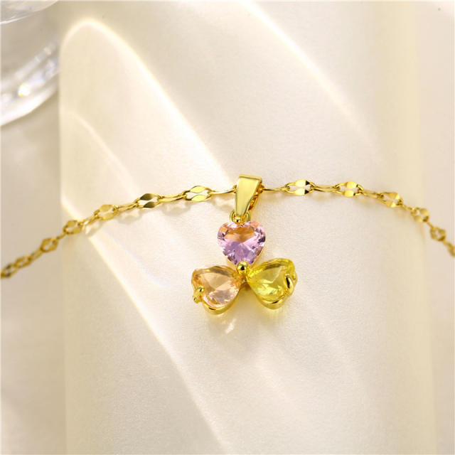 Korean fashion cubic zircon clover stainless steel chain necklace