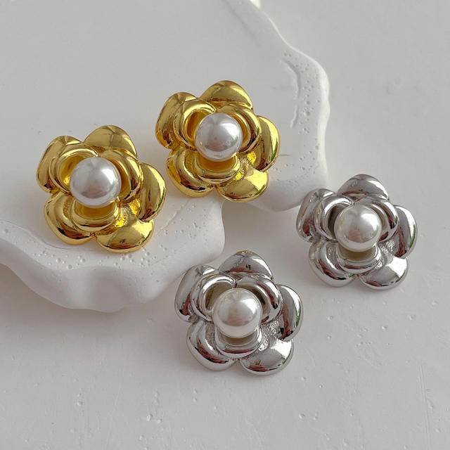 Luxury real gold plated copper flower studs earrings