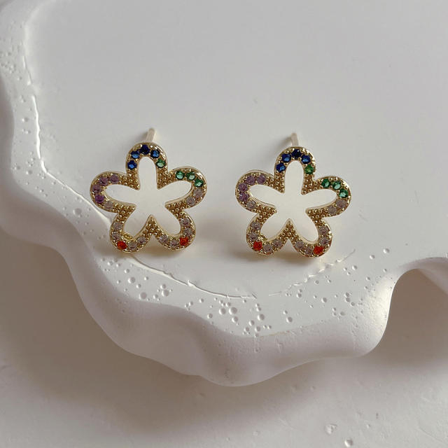 925 needle rainbow cubic zircon hollow flower copper studs earrings