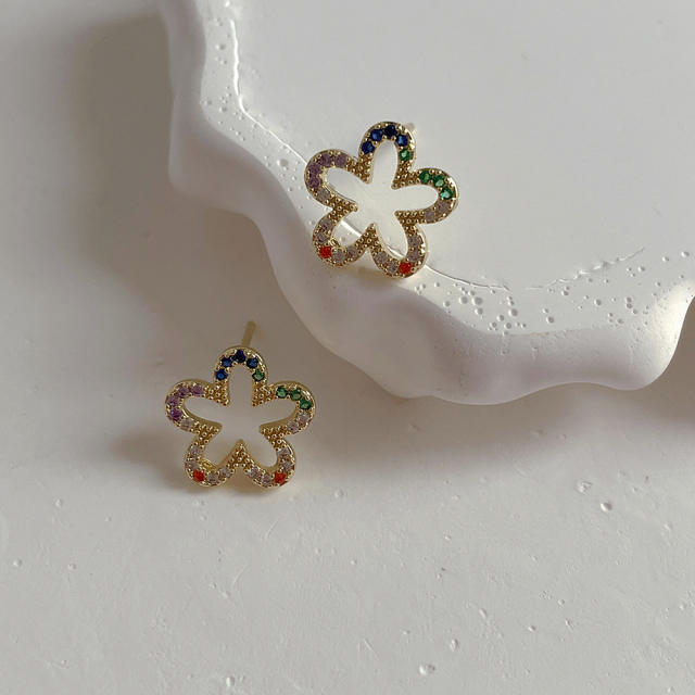 925 needle rainbow cubic zircon hollow flower copper studs earrings