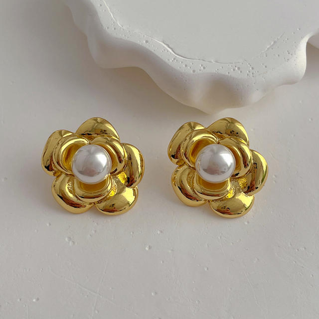 Luxury real gold plated copper flower studs earrings