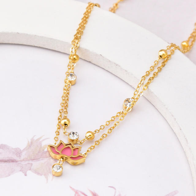 Pink lotus charm stainless steel anklet