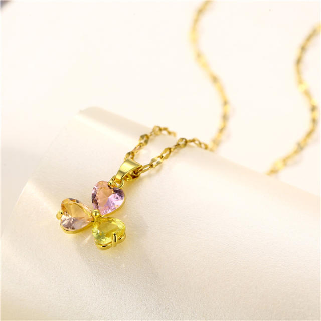 Korean fashion cubic zircon clover stainless steel chain necklace