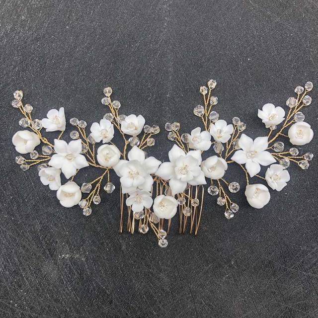 Delicate ceramics flower crystal beads wedding hair combs
