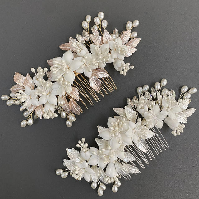 Hot sale metal leaf ceramics flower wedding hair combs