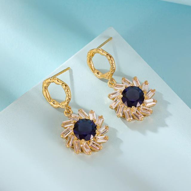 Chic sapphire cubic zircon sunflower copper earrings