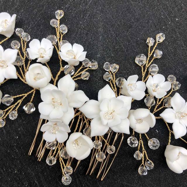 Delicate ceramics flower crystal beads wedding hair combs