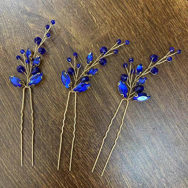 Blue color crystal beads wedding hair combs set