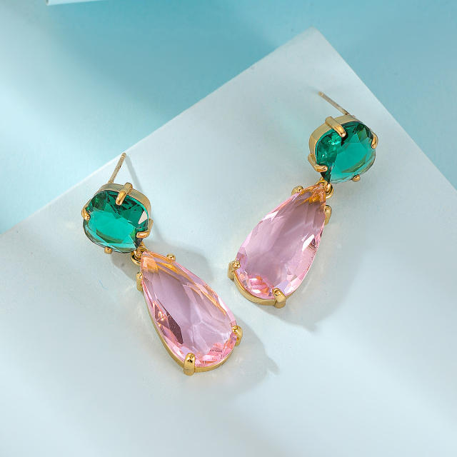 925 needle elegant pink crystal copper drop earrings