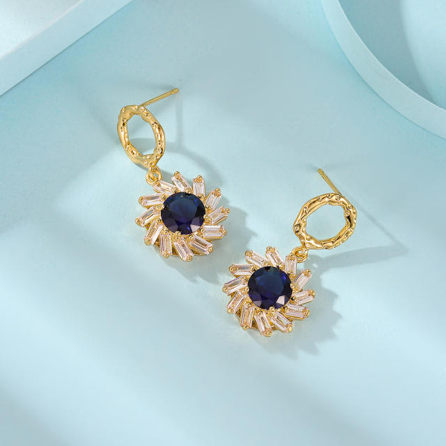 Chic sapphire cubic zircon sunflower copper earrings