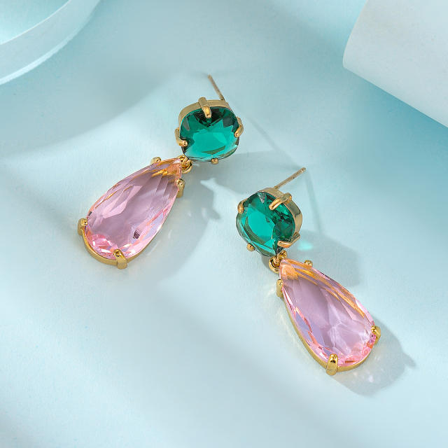 925 needle elegant pink crystal copper drop earrings
