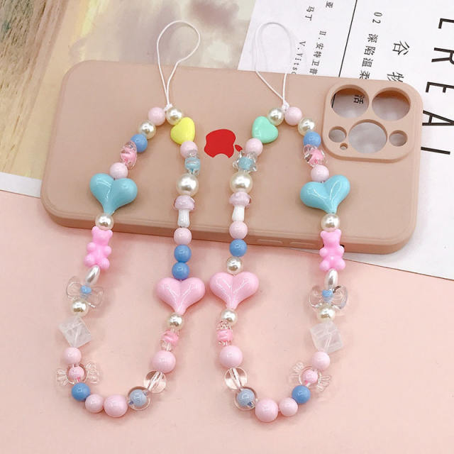 Candy color bead heart short phone chain