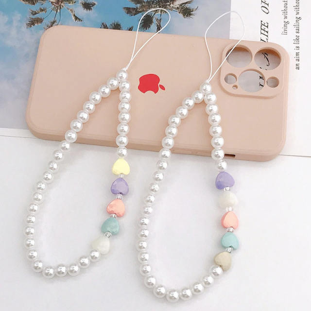 Handmade pearl beads heart short phone chain