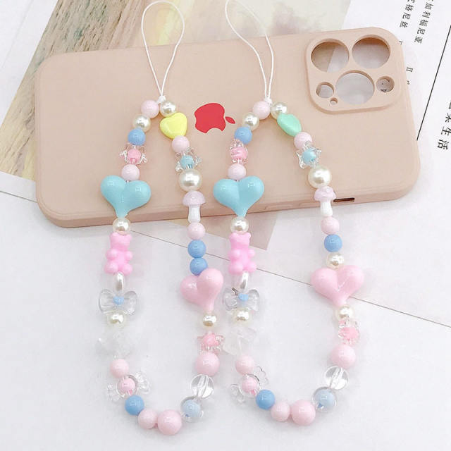 Candy color bead heart short phone chain